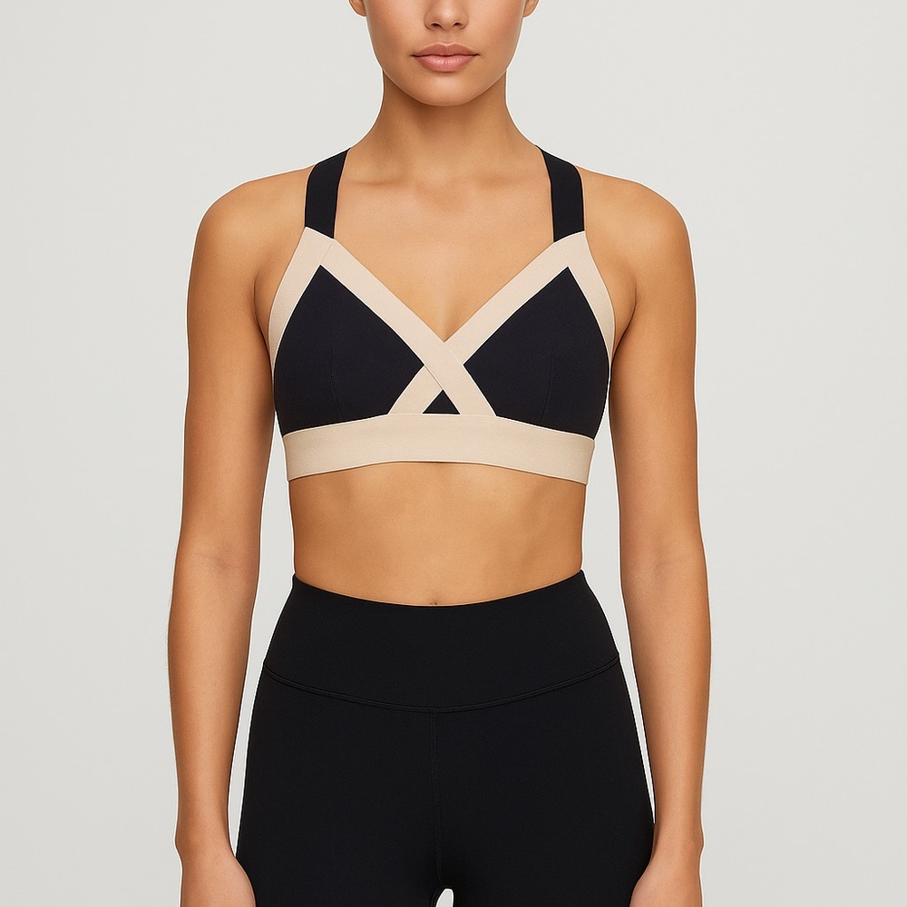 Aritzia Black and Cream Cross-Back Sports Bra